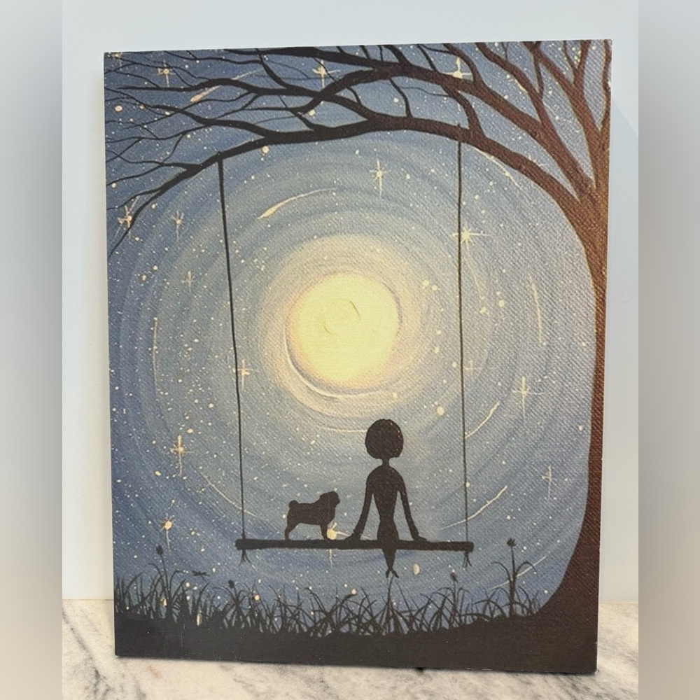 Woman and Pug On Swing  Under Starry Sky Wood and Canvas Wall Art 16" x 20"